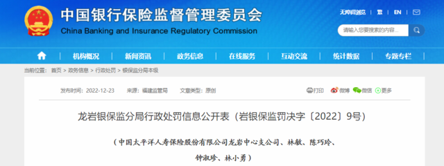 中国太平洋人寿保险龙岩中心支公司因代理销售违规被罚37.33万元